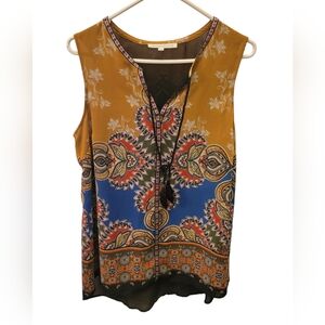 Daniel Rainn Gold and Blue Patterned Blouse